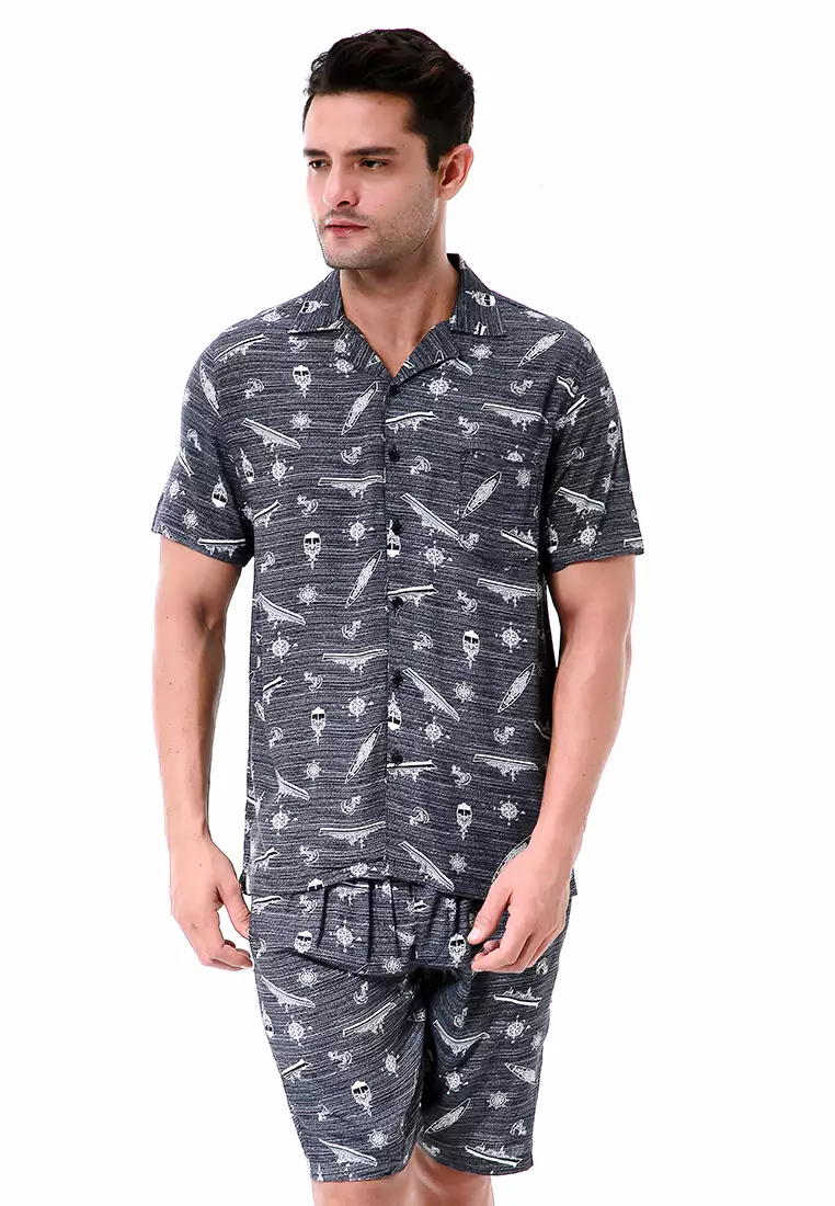 Deon Piyama Pria Ship Motive Kemeja One Set Lengan Pendek Material Rayon ORIGINAL - Gray