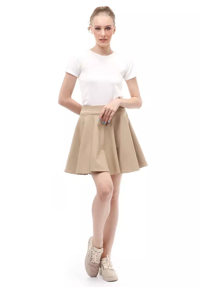 Rok Midi Bawahan Wanita Motif Solid Casual Relaxed Fit - Beige