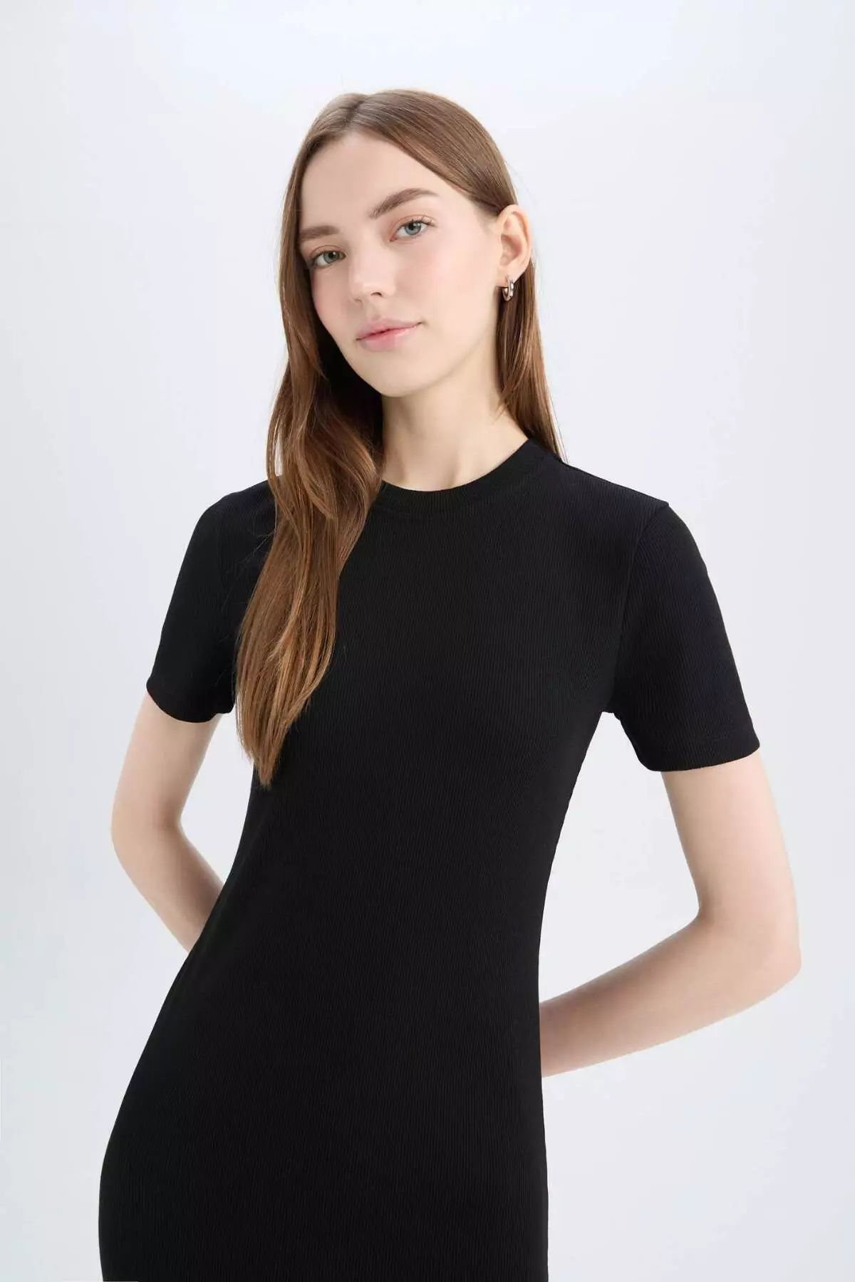 Bodycon Body Hugging Crew Neck Basic Plain Ribbed Camisole Short Sleeve Midi Dress E6926Ax25Sp