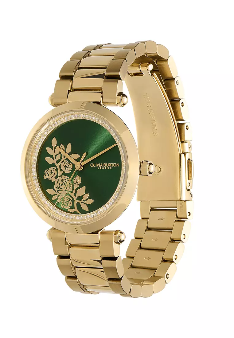 Olivia Burton 34mm Floral T-Bar Green & Gold Bracelet Watch - 24000043