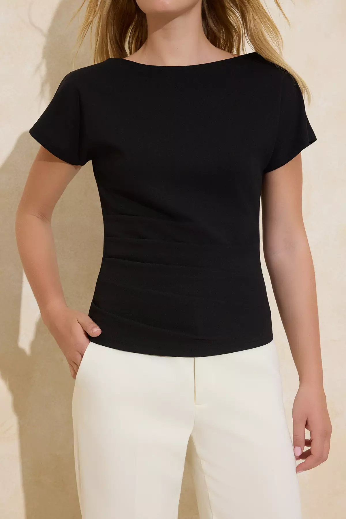 Black Fitted/Bodycon Boat Neck Low Arm Short Sleeve Scuba Crepe Knitted Blouse Twoss26Bz8