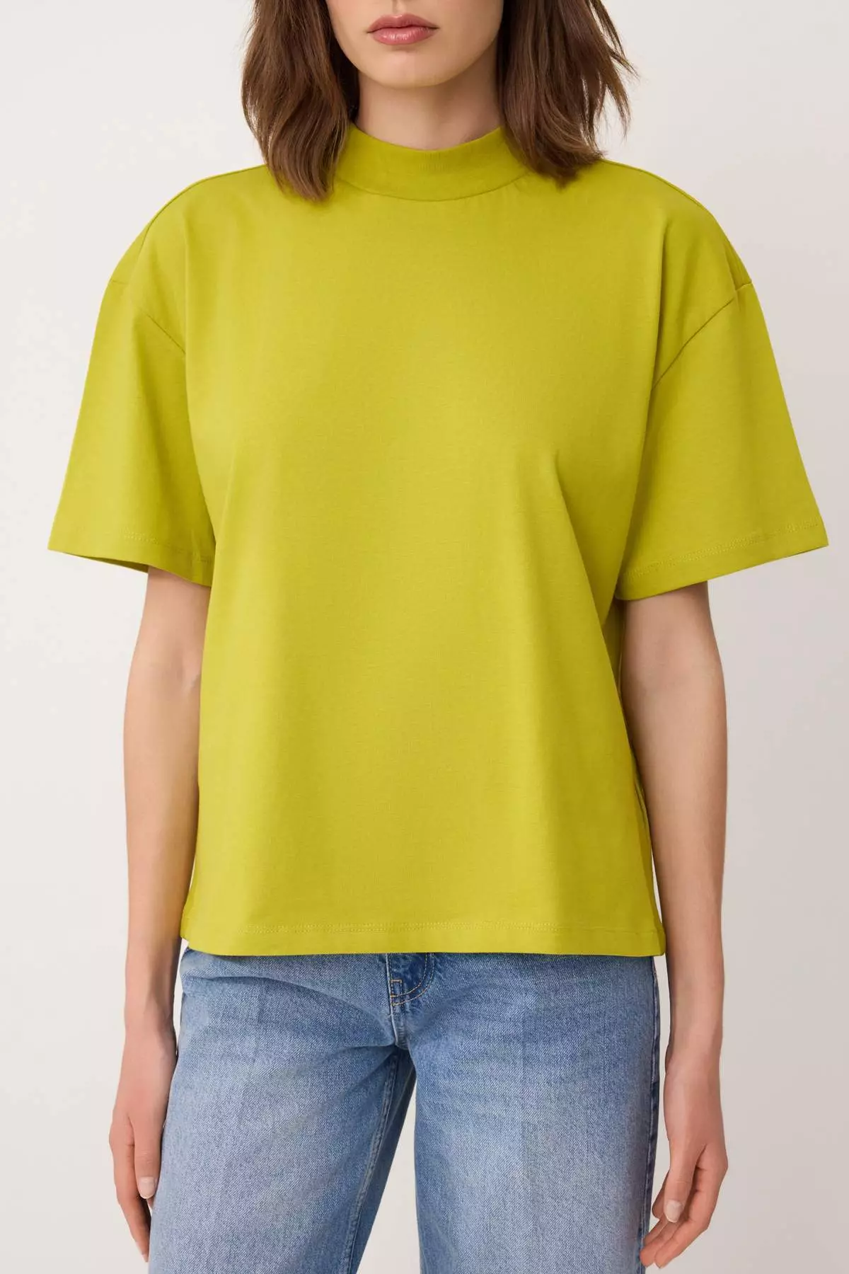 Oil Green 1% Thick Cotton Stand Collar Three Quarter Sleeve Knitted T-Shirt Twoss24Ts74
