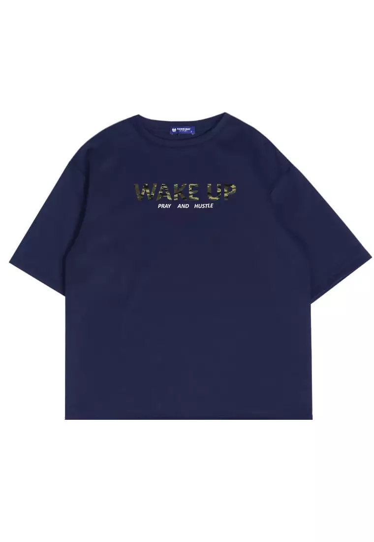 MTW57 Kaos Oversize Aesthetic Bahan Tebal "wake up" navy