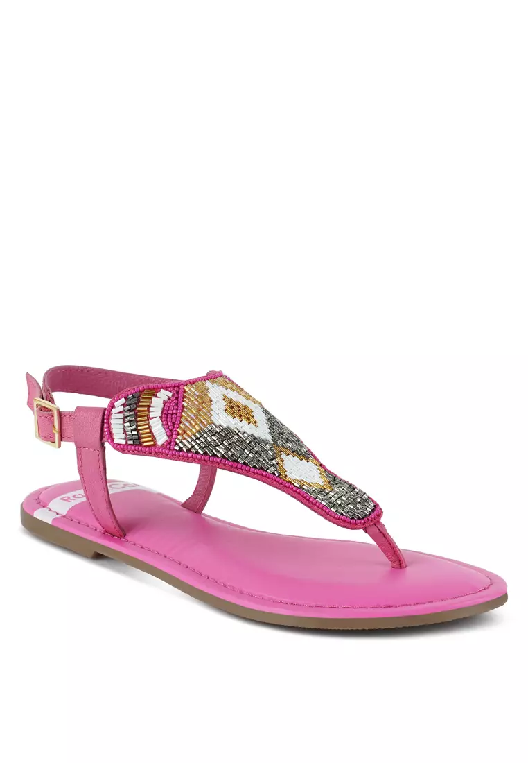 Pin Buckle Beaded Flat Sandals in Fuchsia