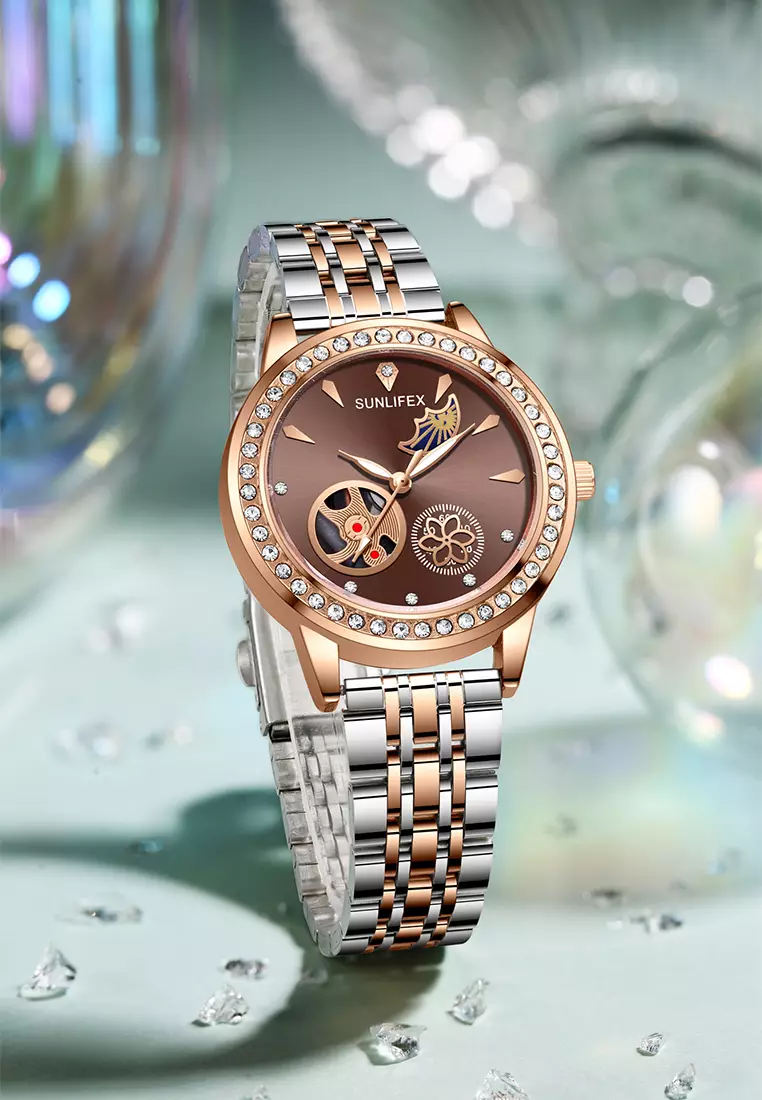 Jam Tangan Wanita E055 Korea Mewah Kuarsa Bercahaya Tali Paduan Jam Tangan Cewek Original brown