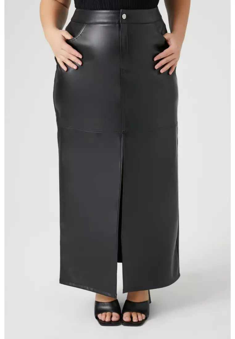 Plus Size Faux Leather Slit Maxi Skirt