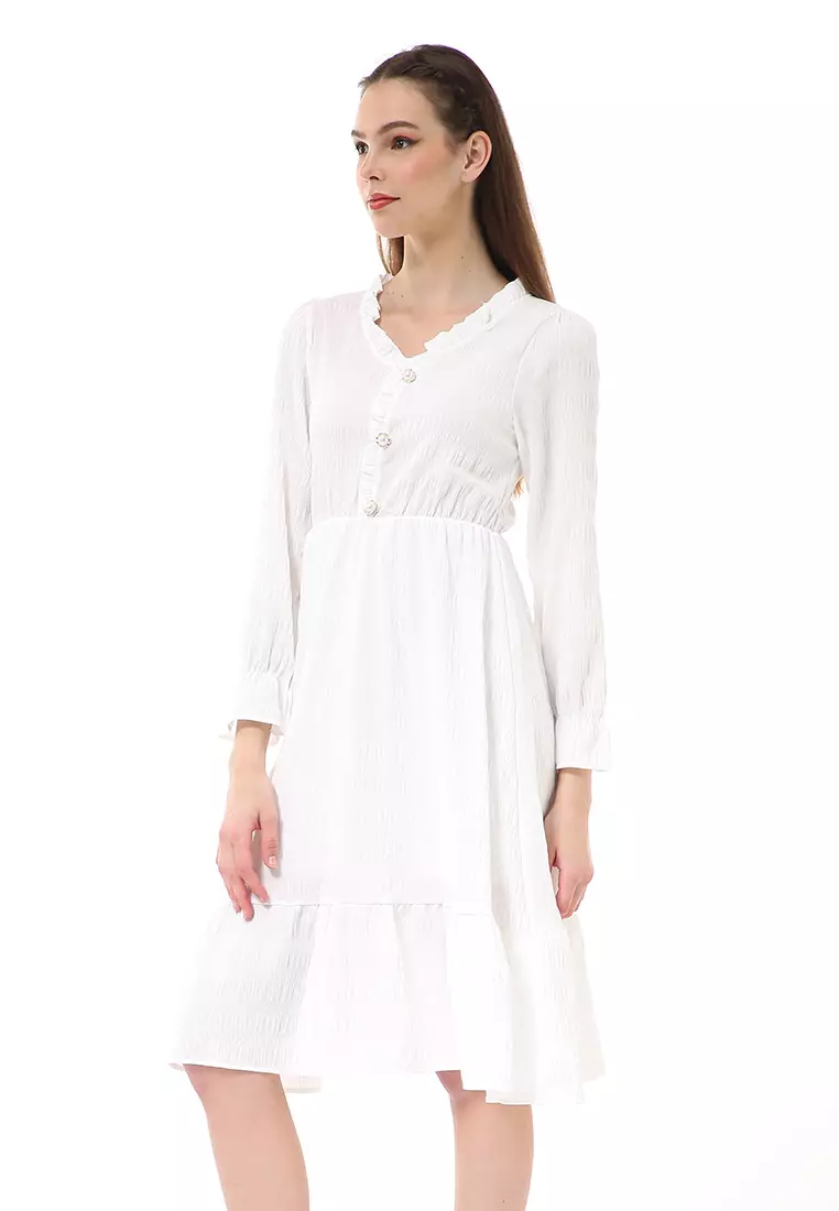 Rachel Dress Kasual Wanita Lengan Panjang Model Simple Material Chiffon ORIGINAL - White