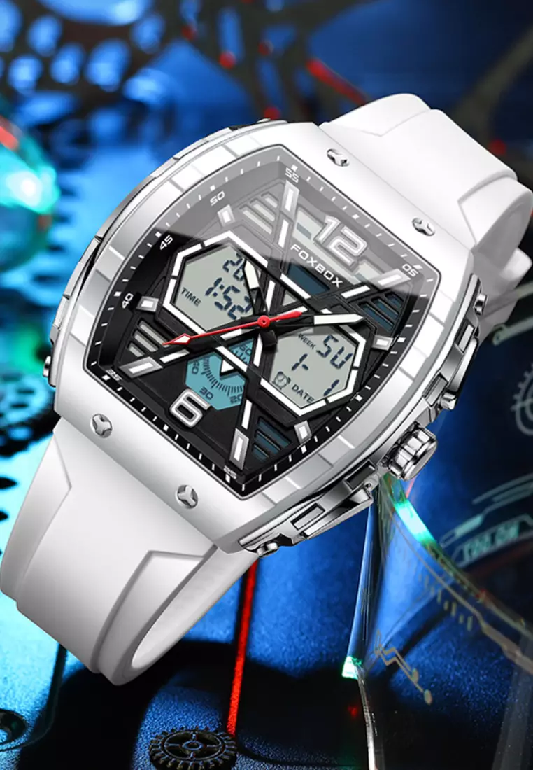 FOXBOX Chronograph Unisex Silver Color Metal Alloy Quartz Watch, 50x48mm, Black Dial, White Rubber Strap