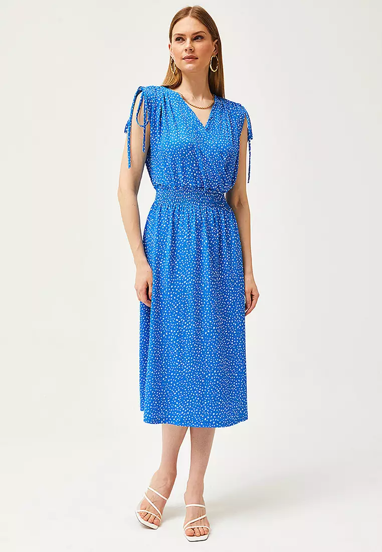 Polka Dot Print Gathered Waist Dress
