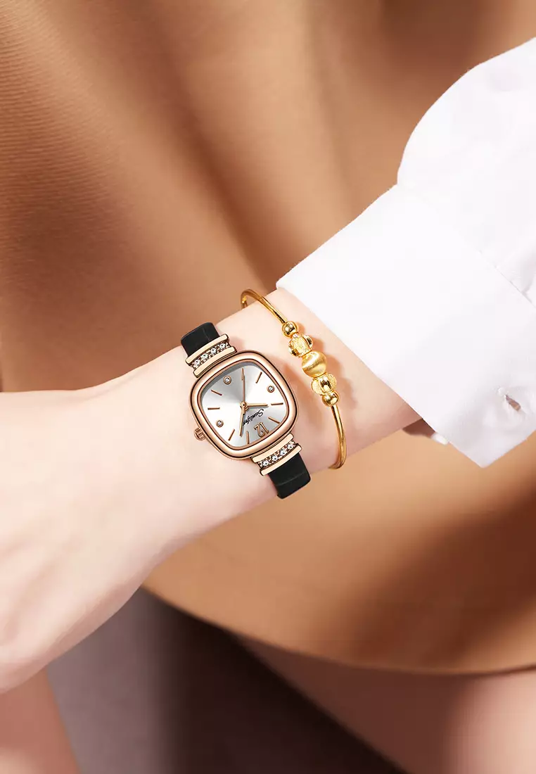 8001 Jam Tangan Wanita Original Berlian Gaya Antik Anggun Jam Kuarsa Tali Kulit Jam Tangan Cewek black