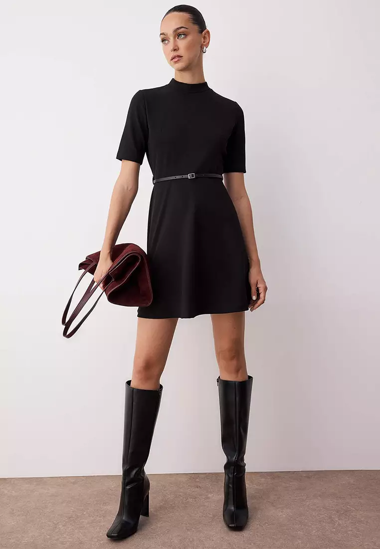 Black Stand Collar Three Quarter Sleeve Skater/Waist Open Mini Knit Dress