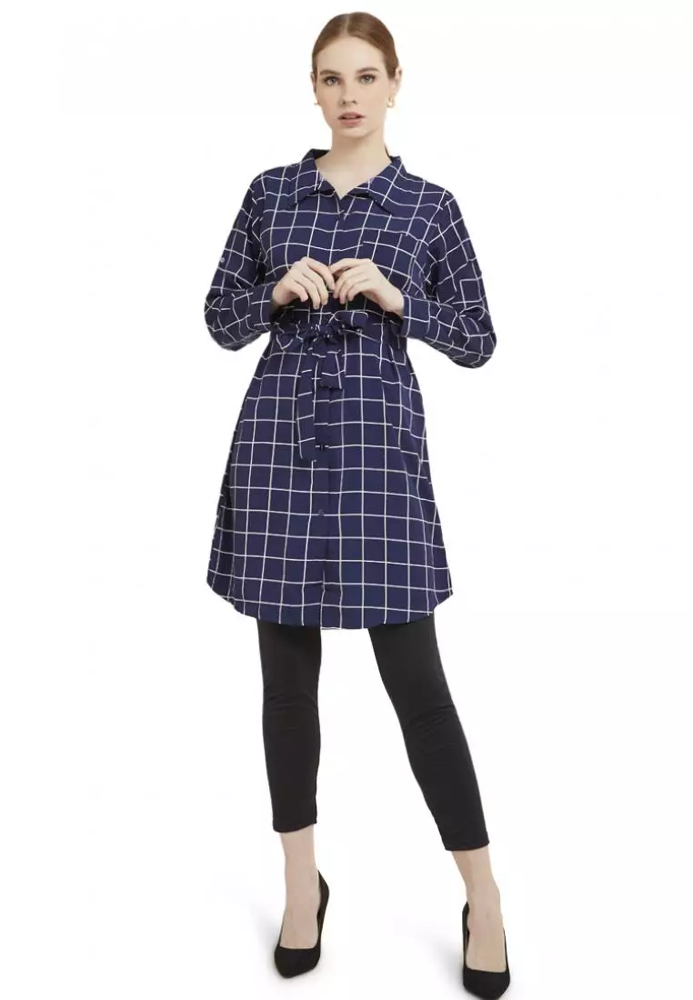 Tunik Square Lengan Panjang Baju Wanita Kotak-Kotak Regular Fit - Navy