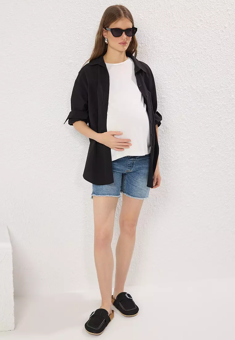 Blue Side Elastic Maternity Denim Shorts TBBSS25AP00029