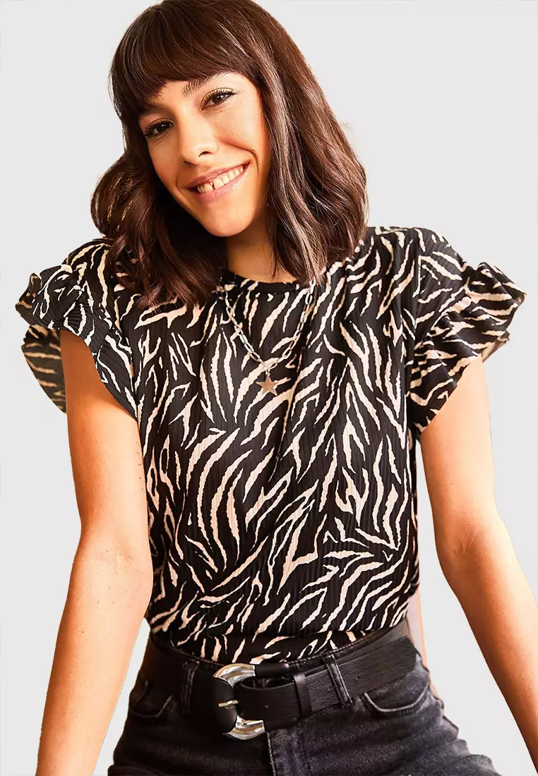 Black Zebra Sleeve Frilly Camisole T-Shirt