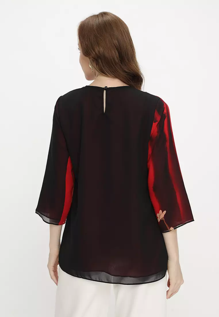 Floral Blouse Two Tone Red And Black By Brilliant Girl Warna MERAH