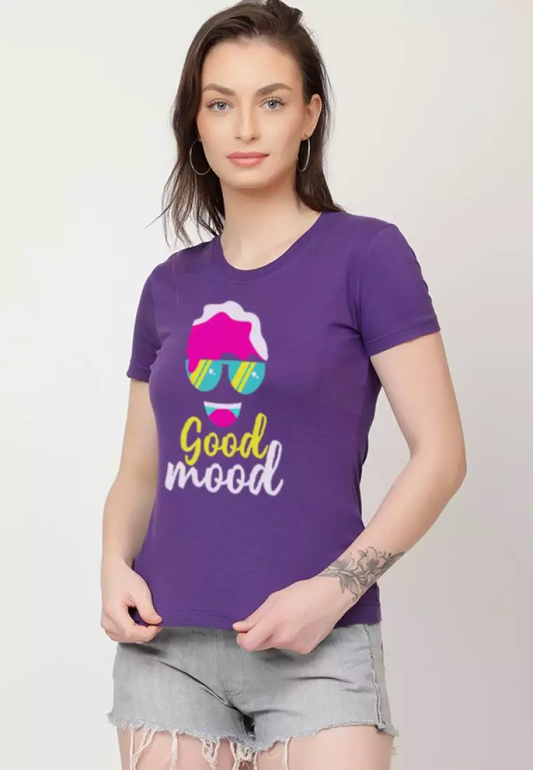 Good Mood Relaxed Short Sleeve Stylish Purple Cotton Casual Graphic Print Tee/TShirt