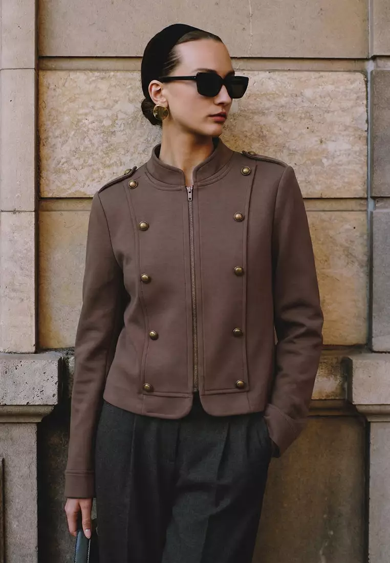 Brown Fitted/Body-Fitting Zippered Lined Button Detailed Napoleon Jacket Twoss26Ce48