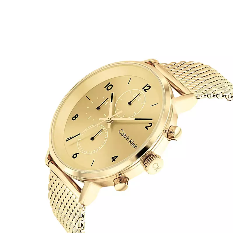 Jam Tangan Pria Calvin Klein Modern Multifunction 25200109 Men Gold Dial Gold Mesh Strap