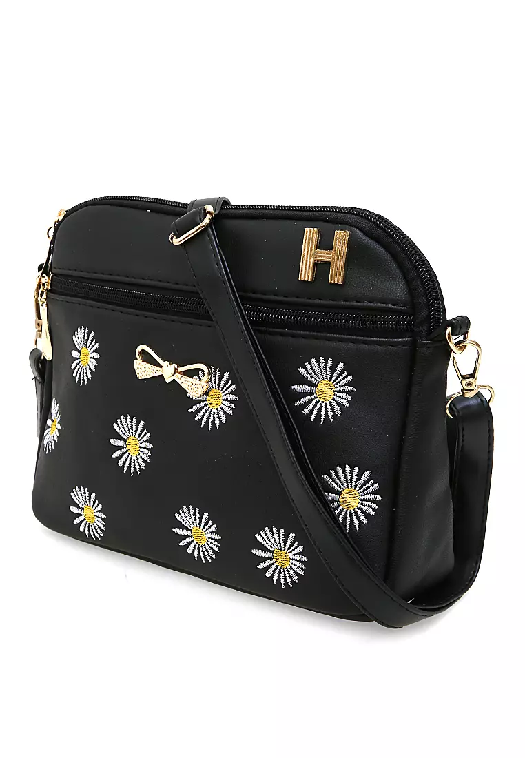 Werlyn Tas Selempang Wanita Daisy Ribbon Love Casual Large Storage Material Leather Kulit ORIGINAL - Black