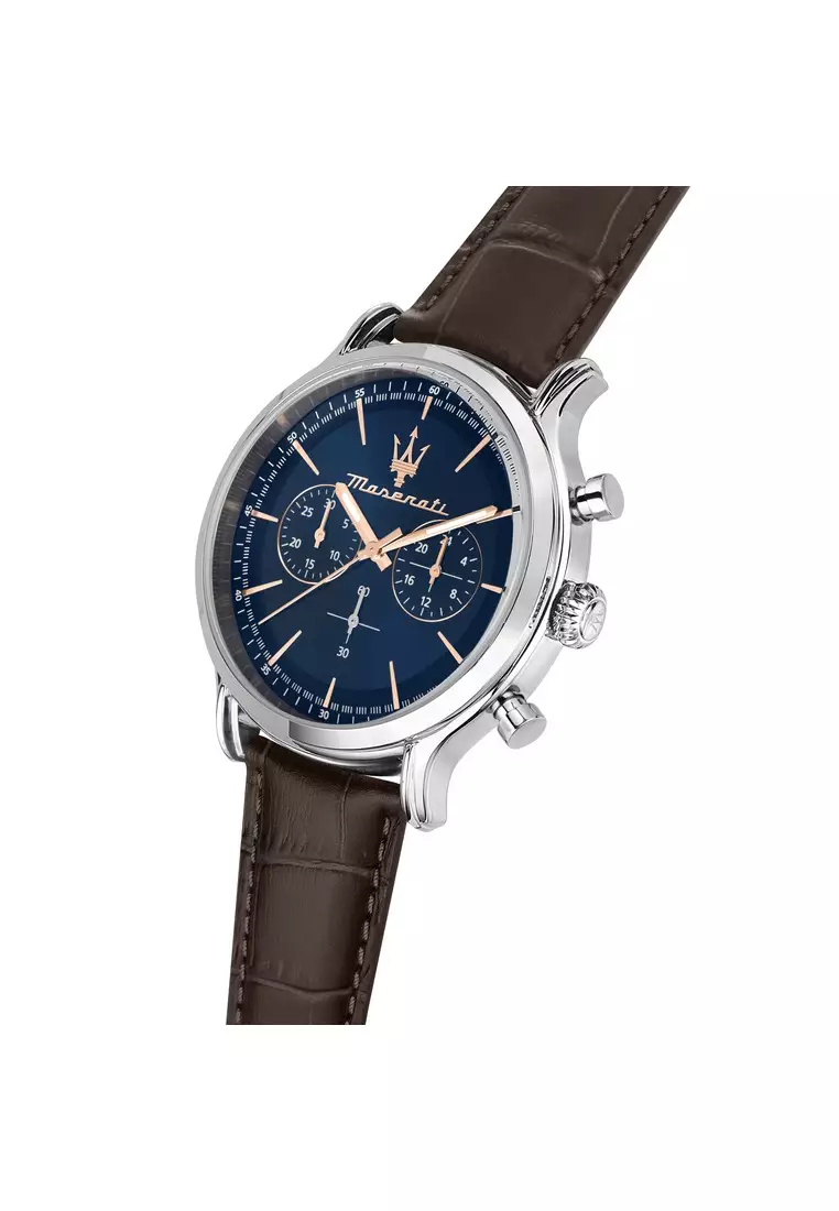 【2 Years Warranty】Maserati Epoca 42mm Blue Dial Brown Leather Chronograph Men's Quartz Watch R8871618014 With Luminous Hands
