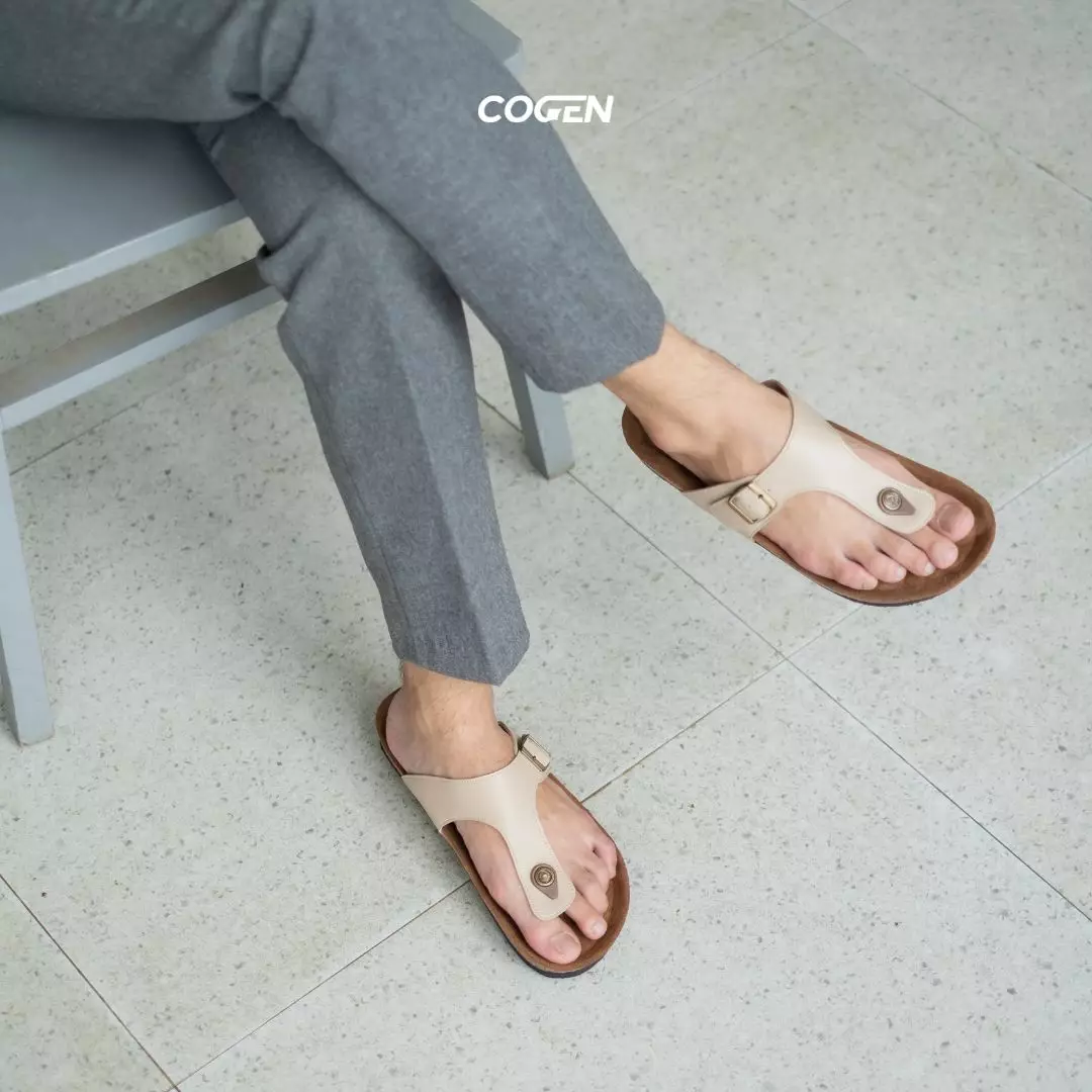 Cogen Sandal Jepit Pria Sendal Kulit Birken Vintage - Vester Creme