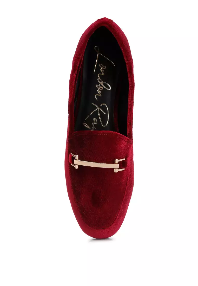 Burgundy Horsebit Embellished Velvet Loafers