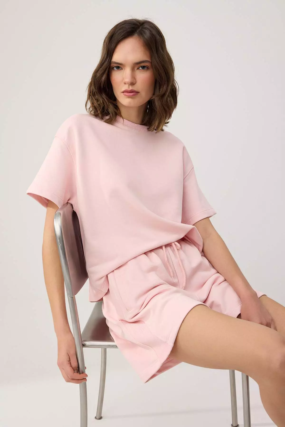 Pink Oversize Low Arm Short Sleeve 2 Thread Combed Cotton Knitted Bottom-Top Set Twoss26Au117
