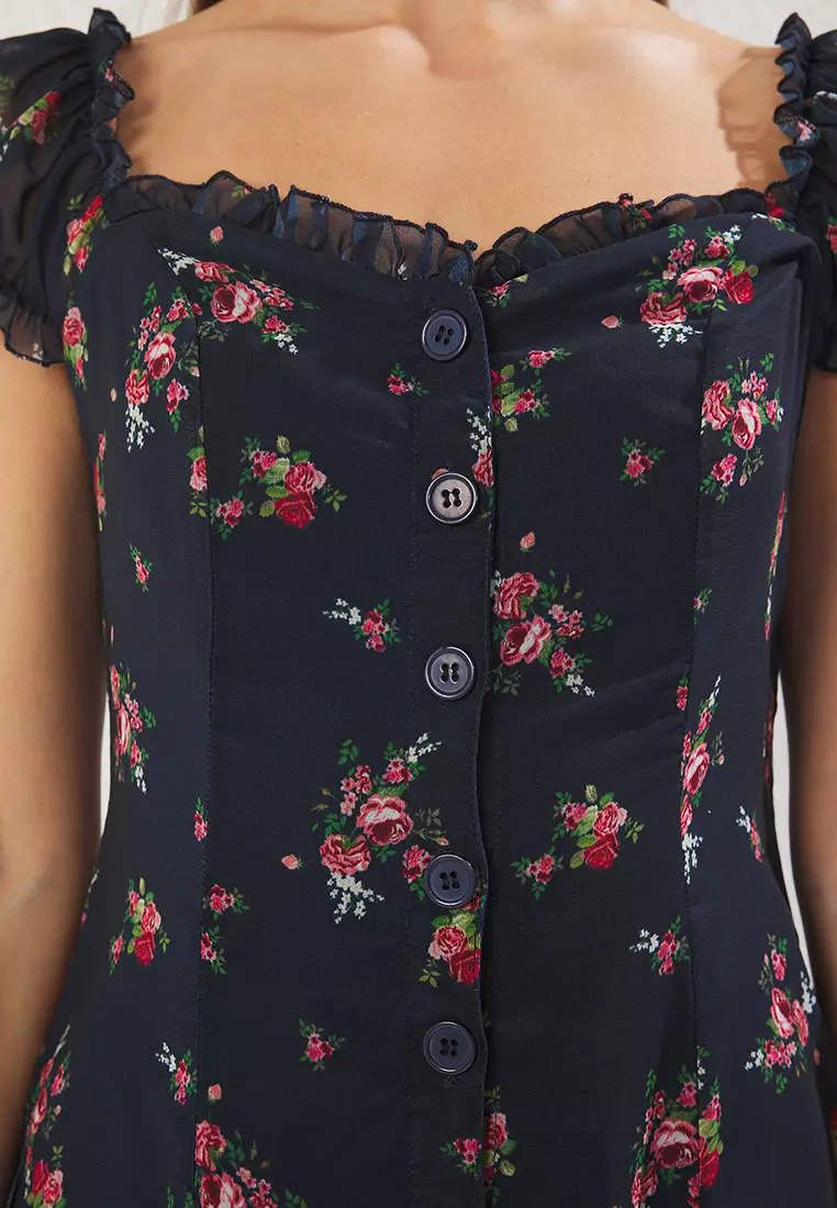 Navy Blue Floral Midi Lined Chiffon Woven Shirt Dress TWOSS25EL00563