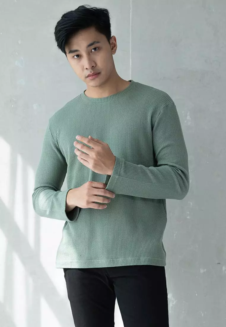 Kale Raffle Green Atasan Kaos Unisex Atasan Kaos Pria Atasan Hijau Kaos Kaos Polos Tekstur Lengan Panjang