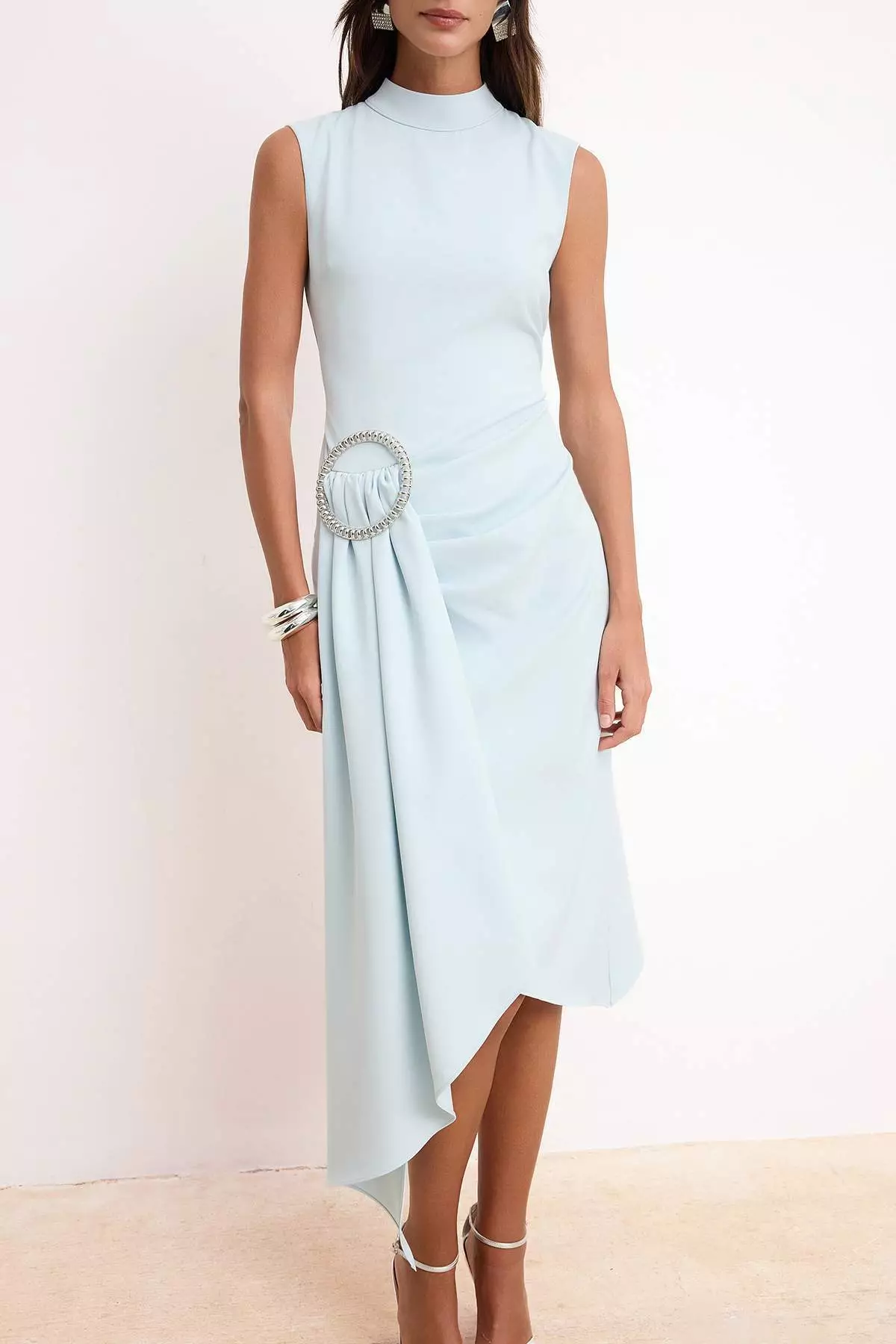 Light Blue Accessory Detailed Woven Finike Midi Dress Tprss26El66