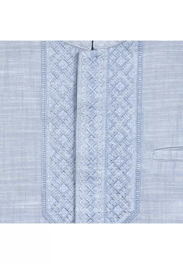 POLICE Kemeja Koko Bordir Cotton Slub Regular Fit Lengan Panjang Pria