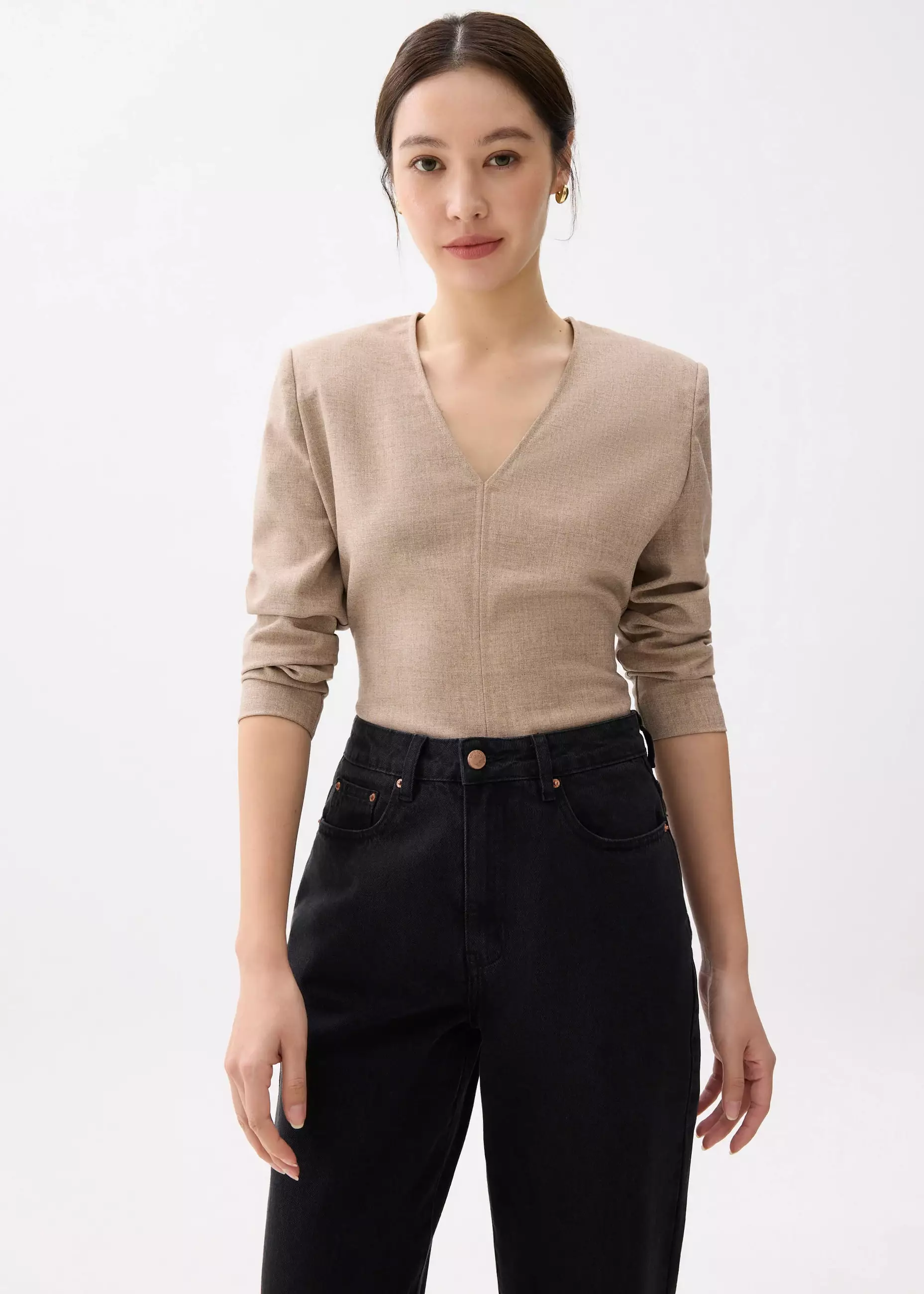 Atasan Wanita - Moon Shoulder Padded Melange V-neck Top