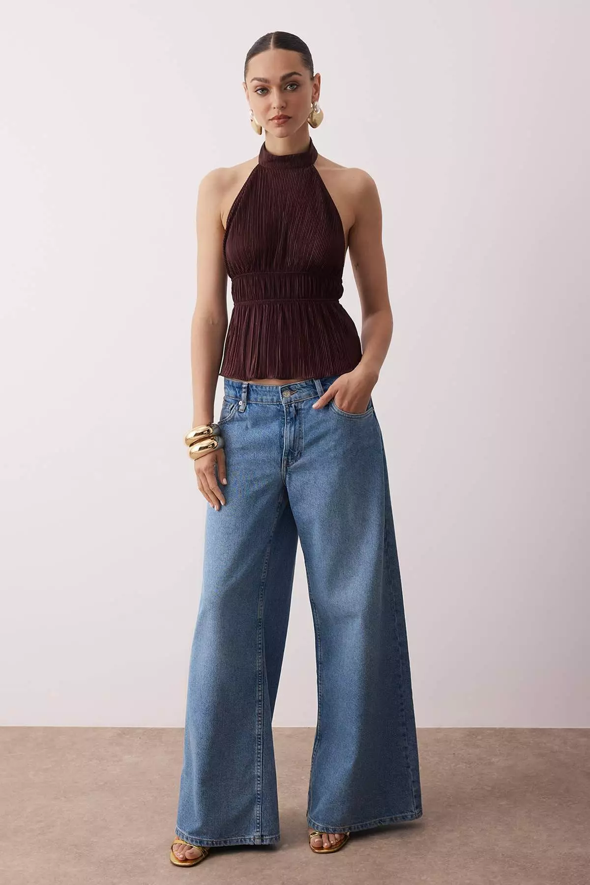 Brown Straight Halter Neck Sleeveless Knitted Wrap Party Blouse