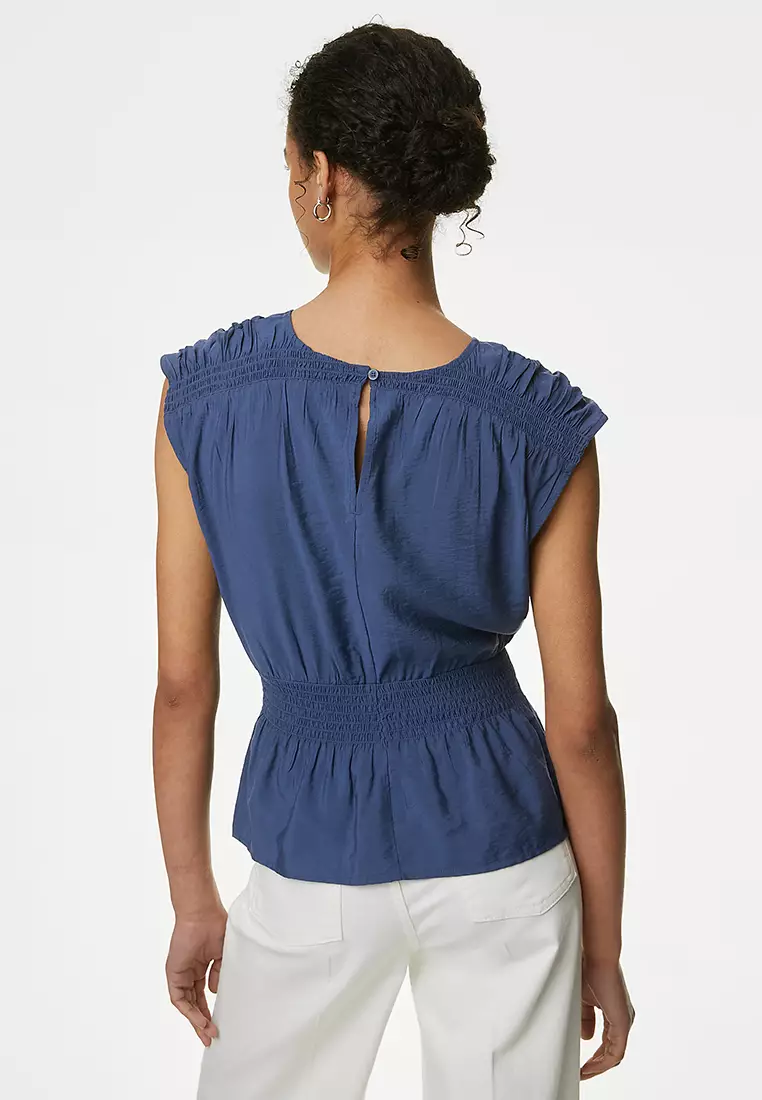 Crew Neck Smocked Shirred Detail Blouse