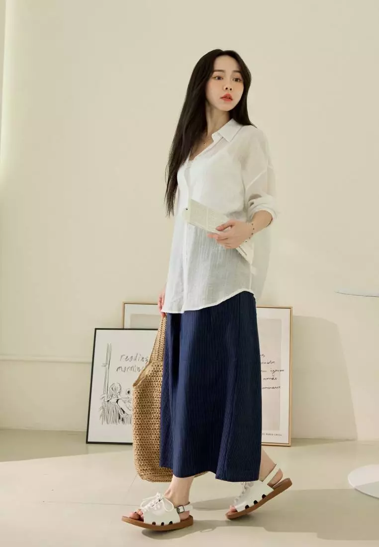 Pinstripe Pleated Wide-Leg Pants with Elastic Waist [BA7839]