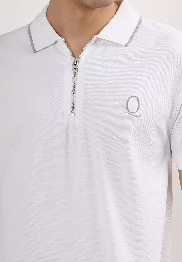 男款白灰色翻领袖口棉质 Polo 衫/T 恤，拉链款，短袖，运动服，休闲装