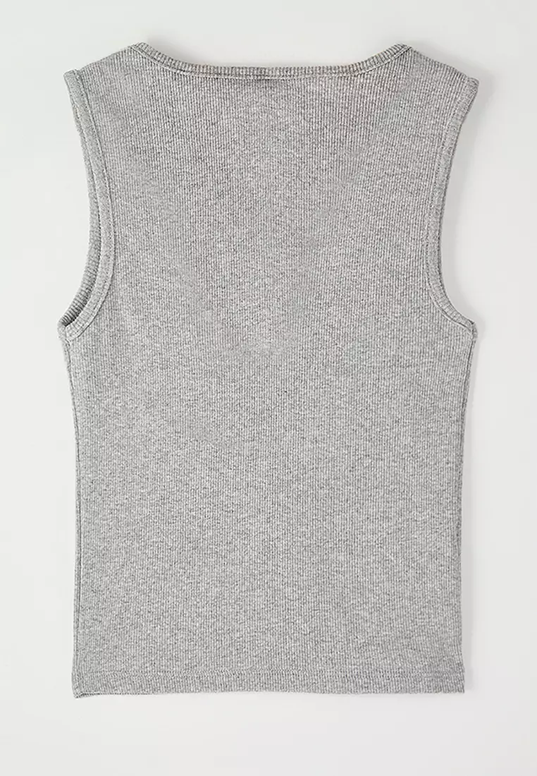 Grey Melange Buttoned Pool Collar Sleveless Ribbed Flexible Crop Knitted Undershirt