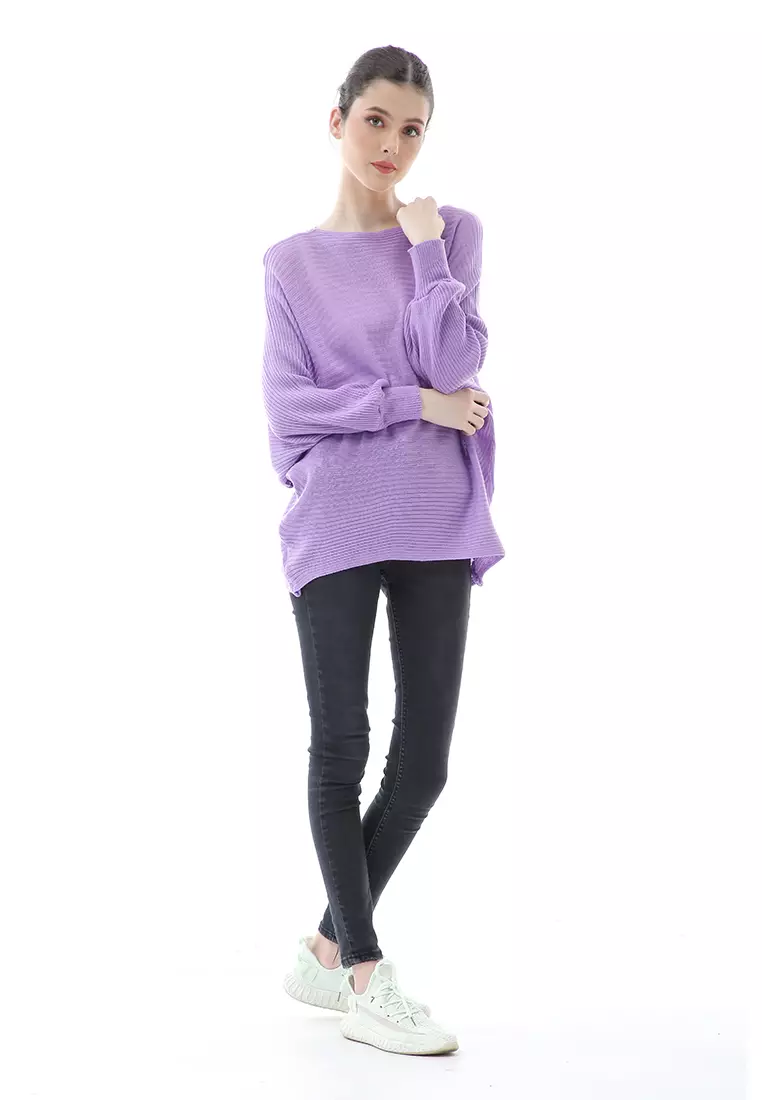 Eveline Sweater Rajut Batwing Atasan Wanita Motif Polos High Quality - Ungu Lilac