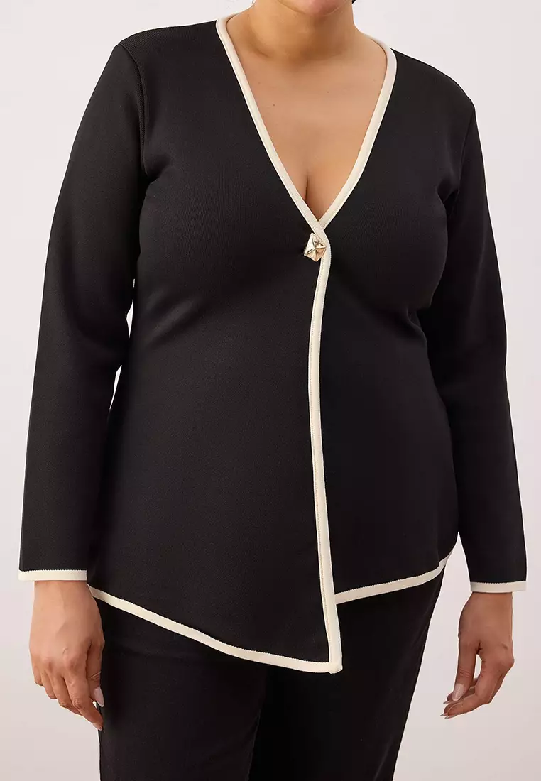 Black Piping Detailed Asymmetrical Cut Knitwear Jacket-Look Cardigan Tbbaw26Av00000