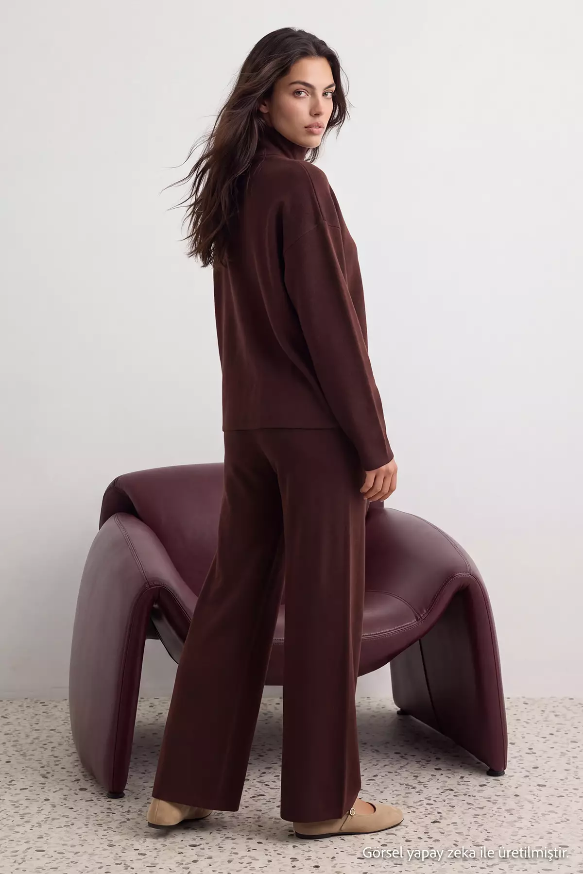 Brown Accessory Detailed 3-Piece Cardigan-Blouse-Pants Knitwear Set