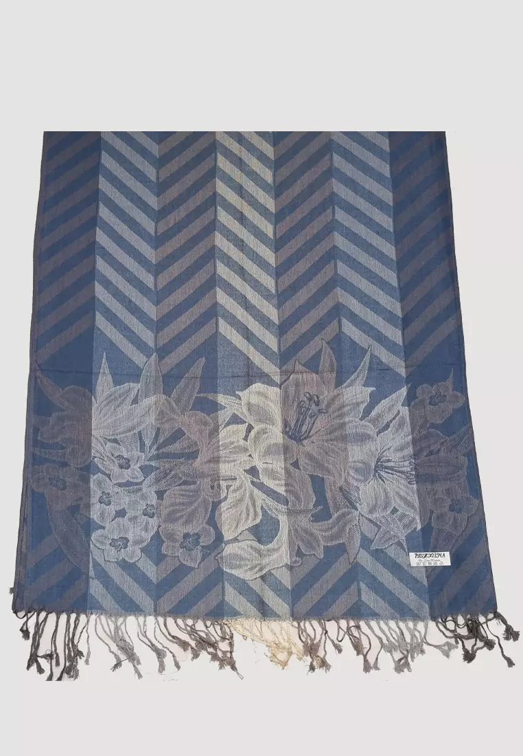 Aksesoris Wanita Viscose Zig Zag Flora Pattern Pashmina Shawl Syal Wanita Steel Blue