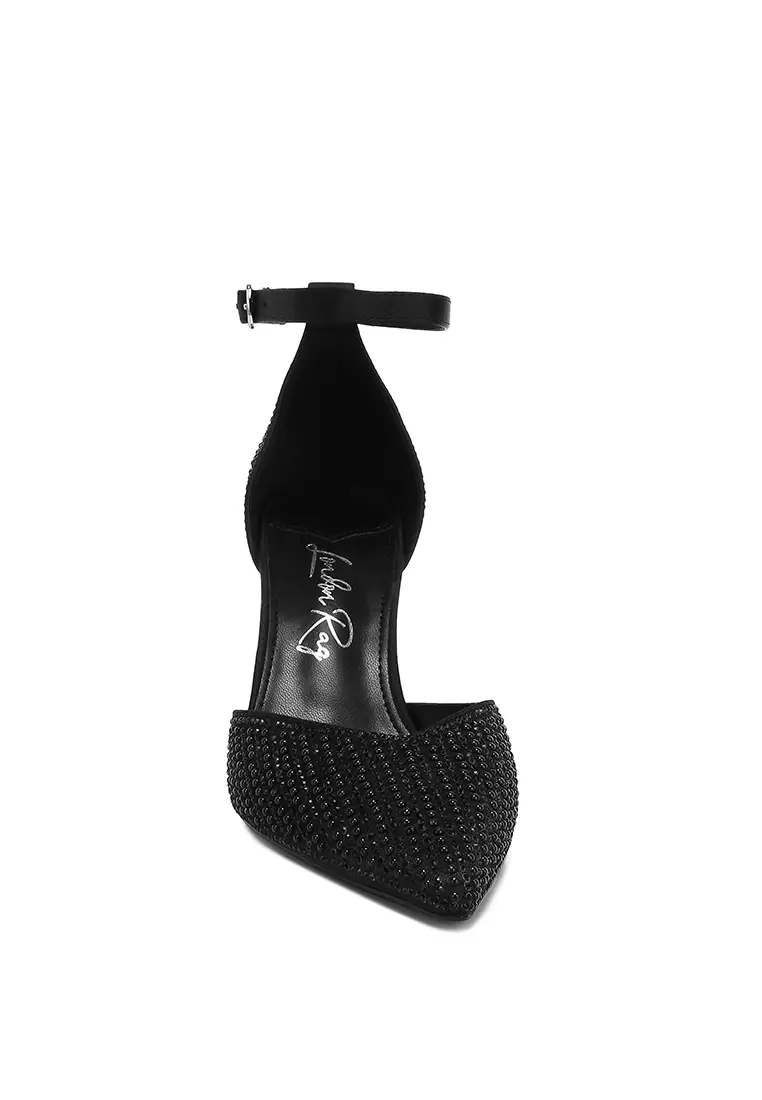 Pearls & Sequins Embellished Stiletto Sandals in Black
