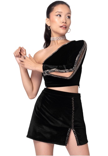 Buy FabAlley FabAlley X RIMZIM DADU Black Velvet Embellished One Shoulder  Top And Mini Skirt Co-ord Set 2023 Online | ZALORA Singapore
