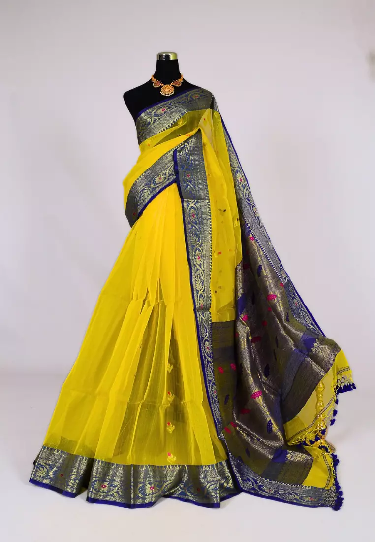 Neon-Yellow Handwoven Muslin Zari Jamdani Bengal Saree