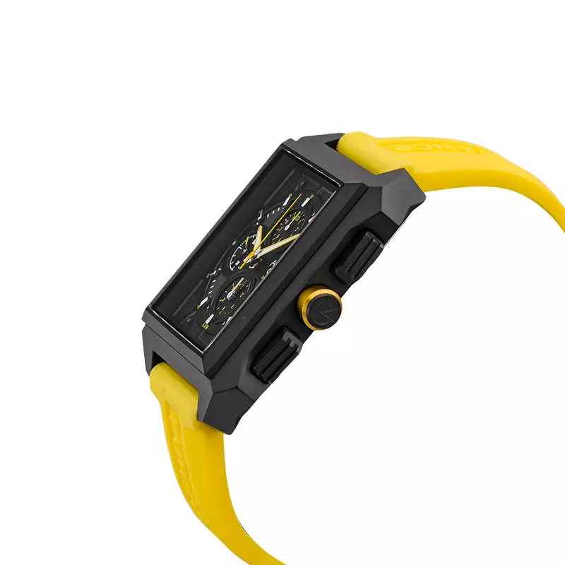 Jam Tangan Pria Alexandre Christie AC 6601 MC RIPBAYL Chronograph Men Black Dial Yellow Rubber Strap