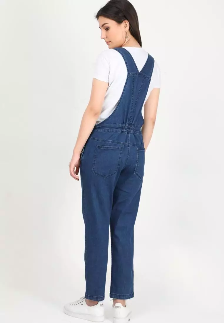 帶側扣藍色孕婦裝牛仔背帶褲