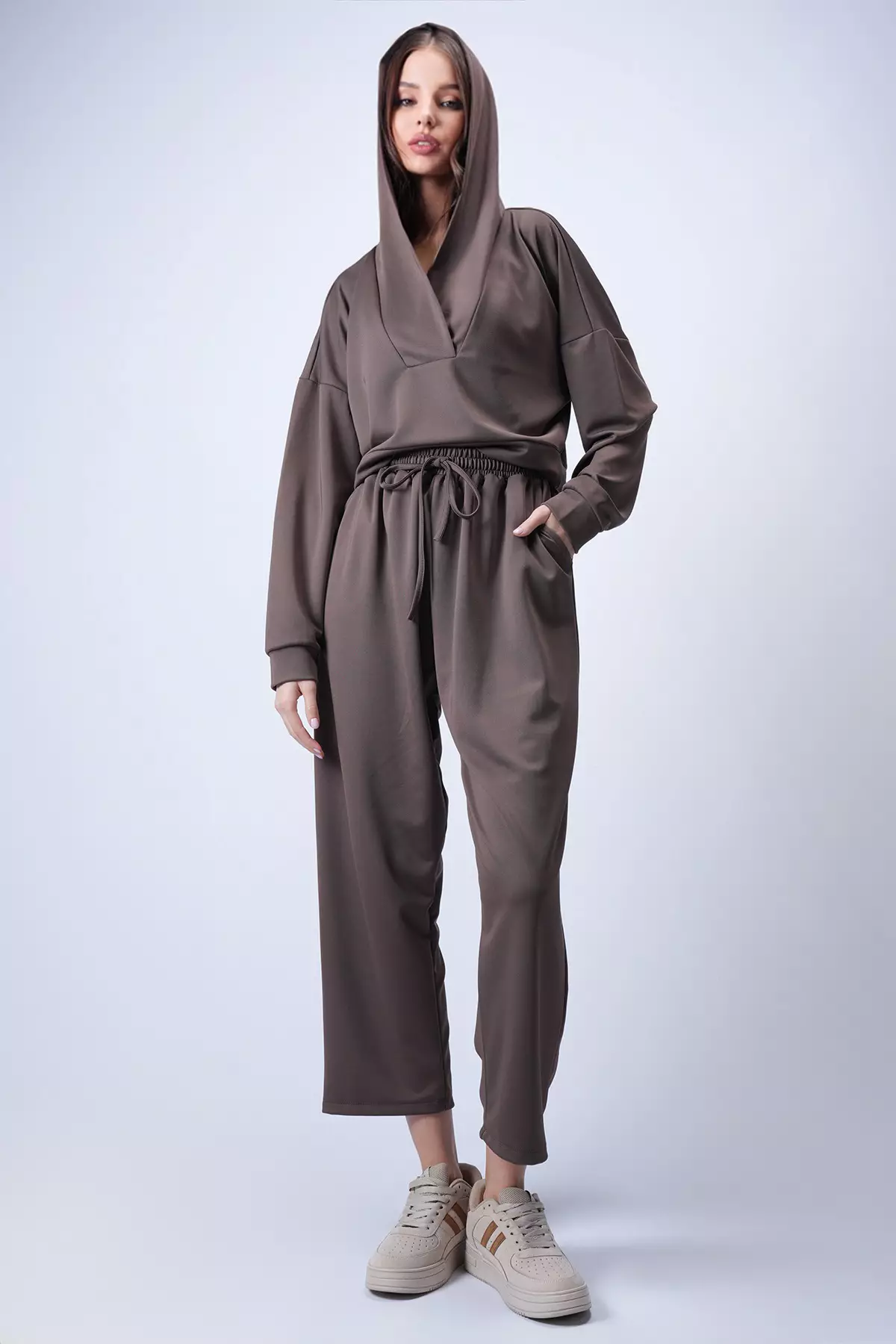 Women'S Bitter Brown Hooded Double-Breasted Collar Loose Fit Transitional Bottom Top Set Alc-X13268