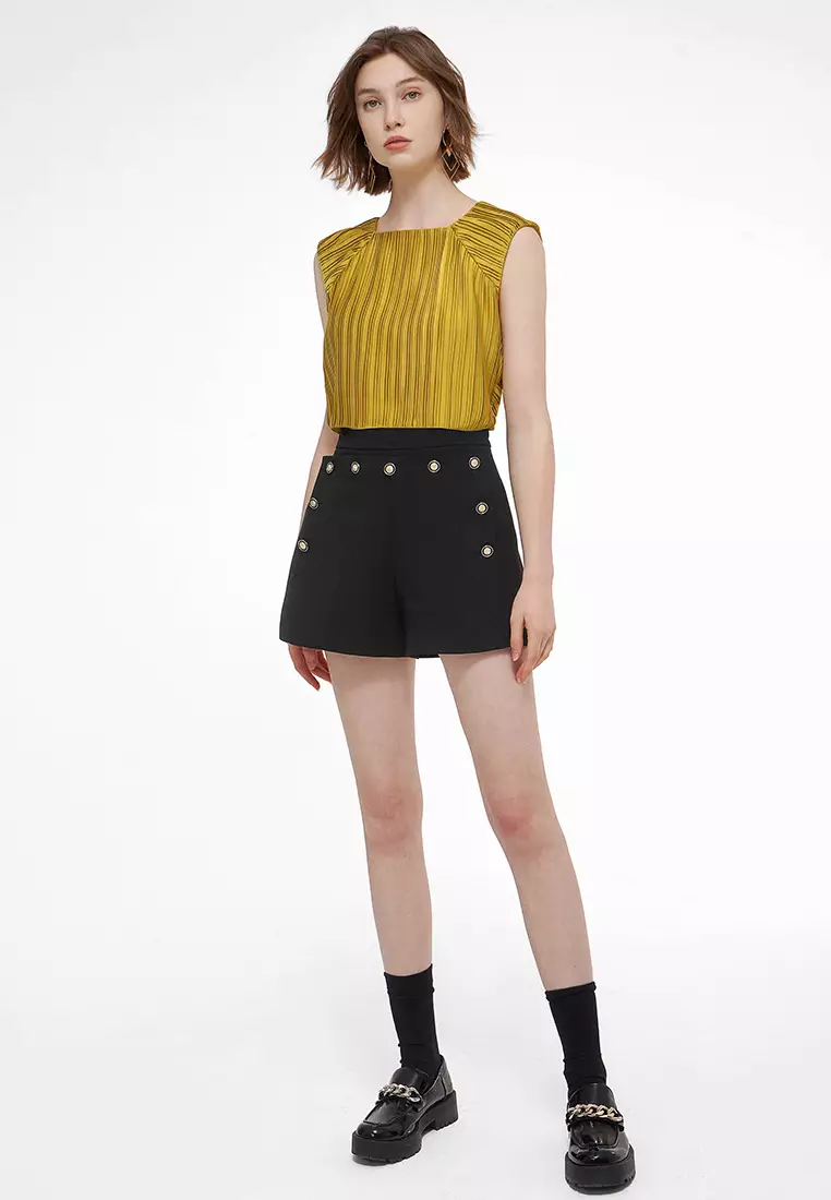 Square Neck Back Cutout Pleated Top