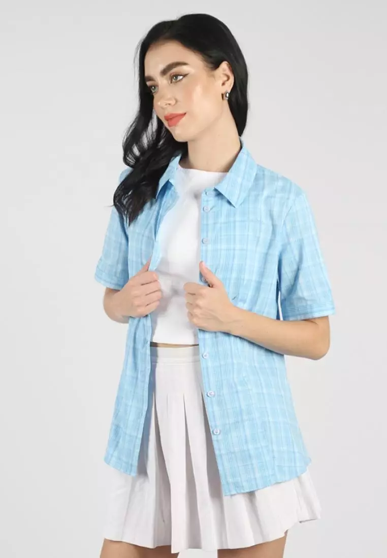 Kemeja Lengan Pendek Pierre Cardin Wanita Ellie Plaid Blue