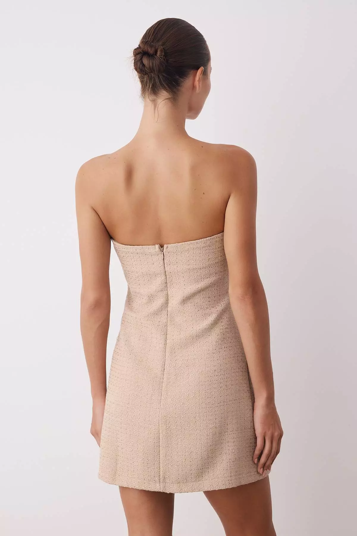 Mink Plain Applique Flower Detailed Woven Tweed Short Mini Dress Tpraw26El00036